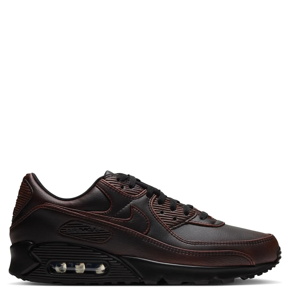 Opposite side view of Nike Air Max 90 Premium showing a tonal Swoosh, Cinnamon accents and black midsole.