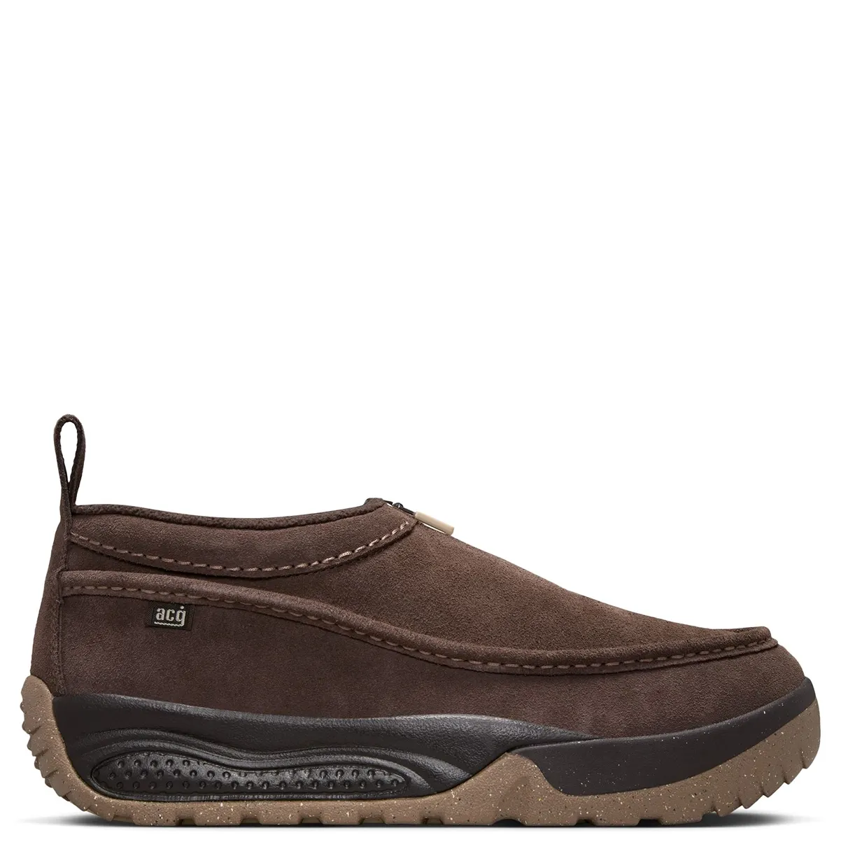 Opposite side view of Nike ACG Izy with brown suede, contrast stitching and a small ACG label.