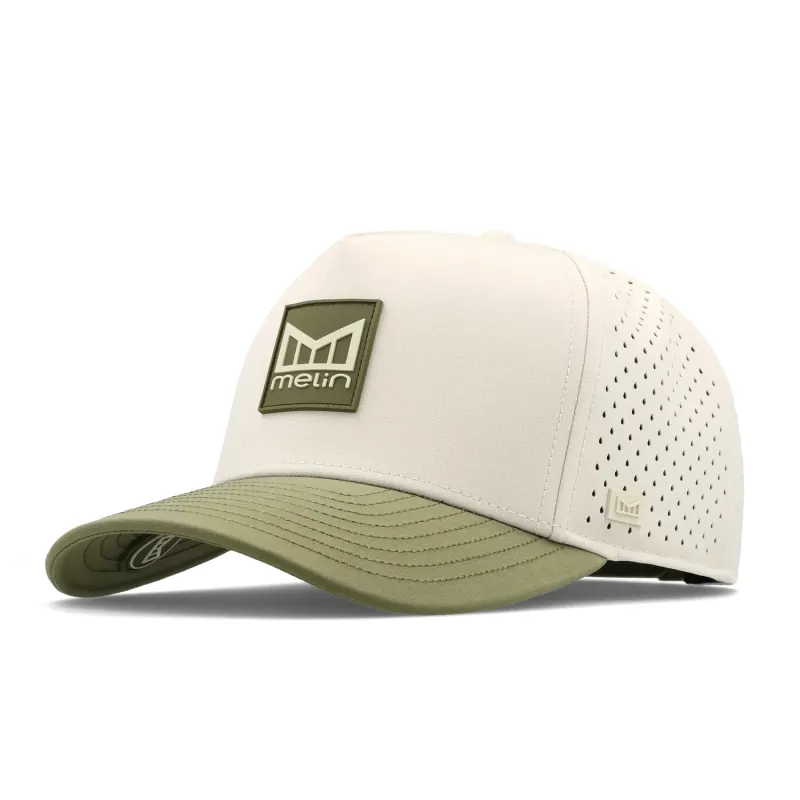 Angled front view of Melin Odysea Stacked HYDRO hat with a Moonbeam crown, Burnt Olive visor and logo patch.