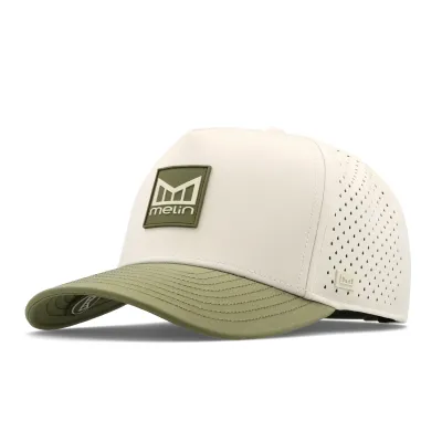 Angled front view of Melin Odysea Stacked HYDRO hat with a Moonbeam crown, Burnt Olive visor and logo patch.