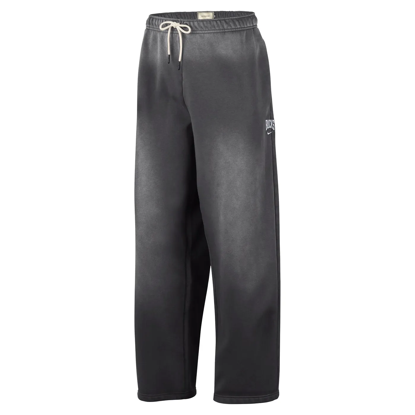 Front view of charcoal Nike Bucks Standard Issue pants with a cream drawcord, Bucks lettering and Nike Swoosh.