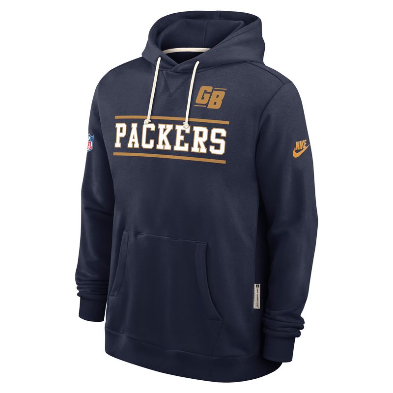 Front view of navy Nike Packers Replay Officials 1923 hoodie with cream lettering, gold GB graphic and pouch pocket.