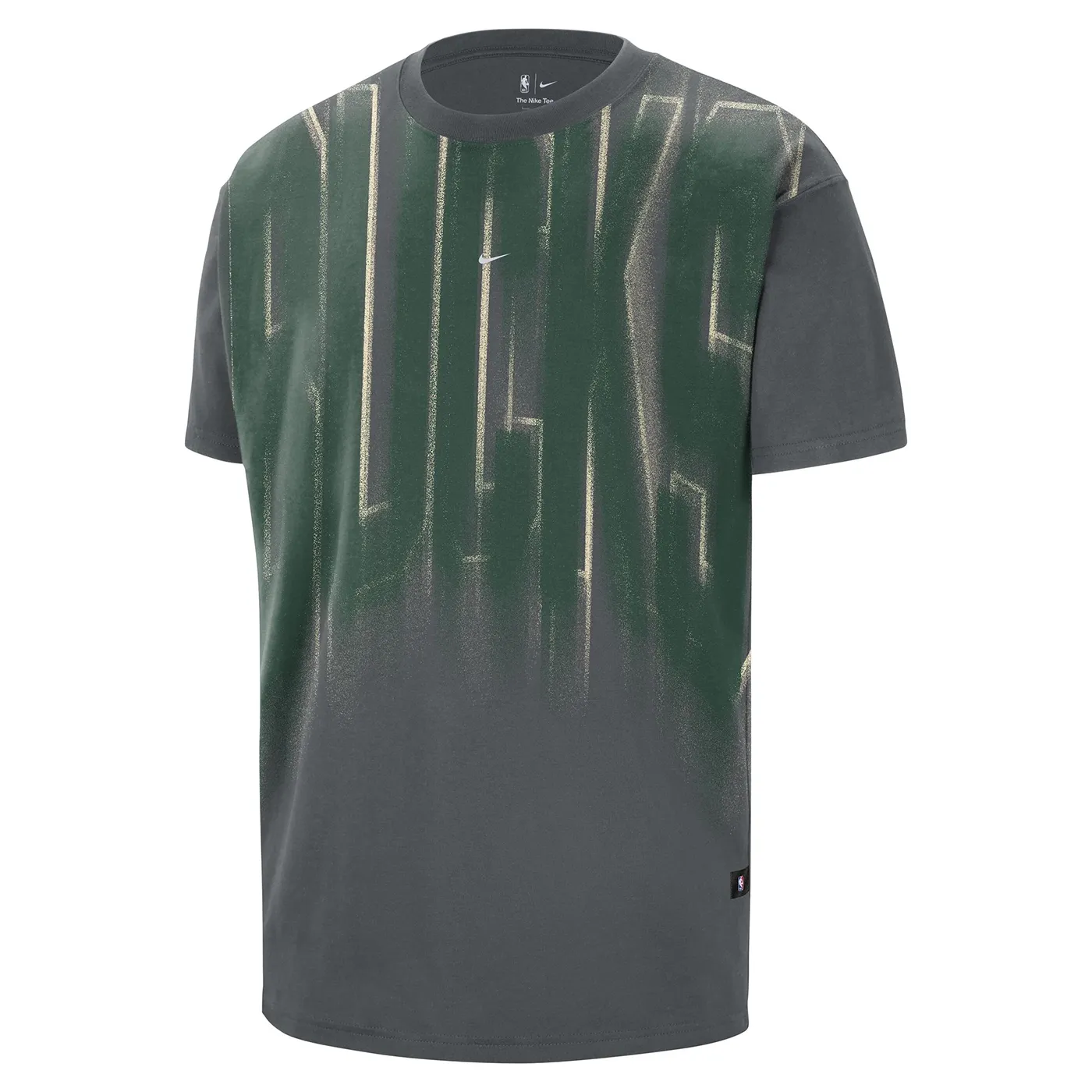 Front view of Iron Grey Nike Bucks Team tee with oversized faded green-and-cream lettering and a center Swoosh.
