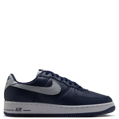 Opposite side view of Nike Air Force 1 '01 showing navy panels, grey Swoosh and Air-branded midsole.
