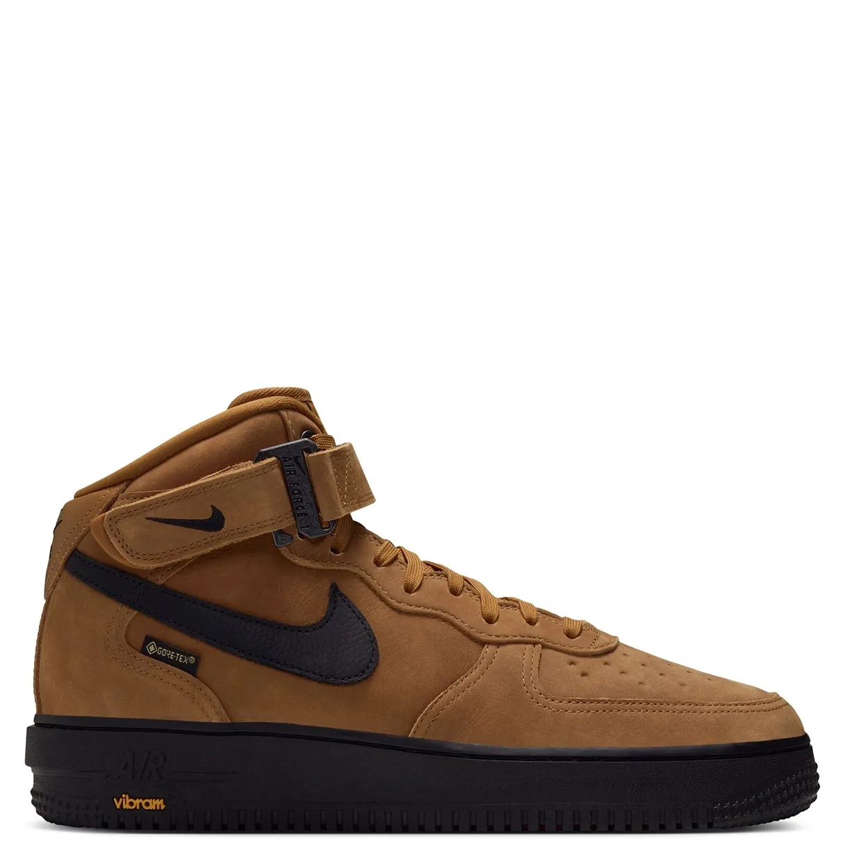 Opposite side view of Wheat Nike Air Force 1 Mid '07 with GORE-TEX labeling and Vibram branding.