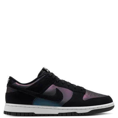 Opposite side view of Nike women's Dunk Low SE Iridescent showing color-shifting panels and black overlays.