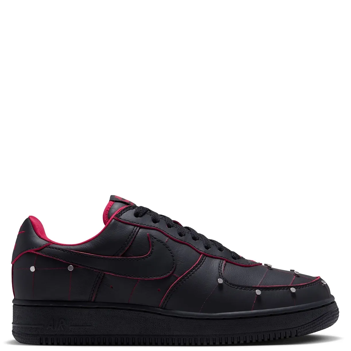 Opposite side view of Nike Air Force 1 '01 Nightmare with black leather, metallic details and a black sole.