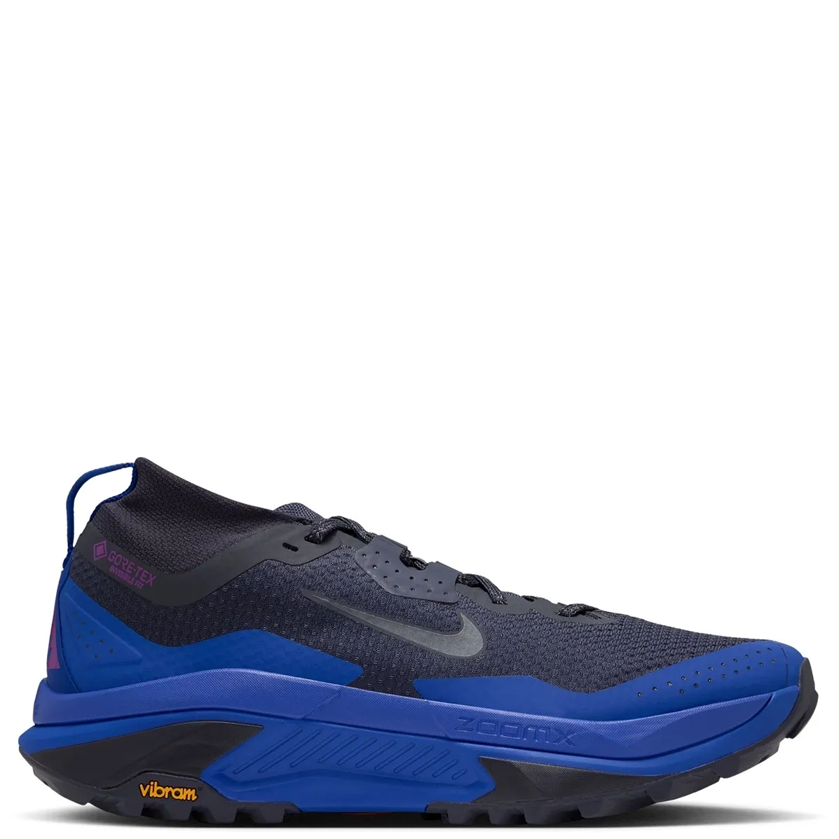 Opposite side view of Nike ACG Zegama Trail GORE-TEX showing a Swoosh, blue cushioning and rugged outsole.
