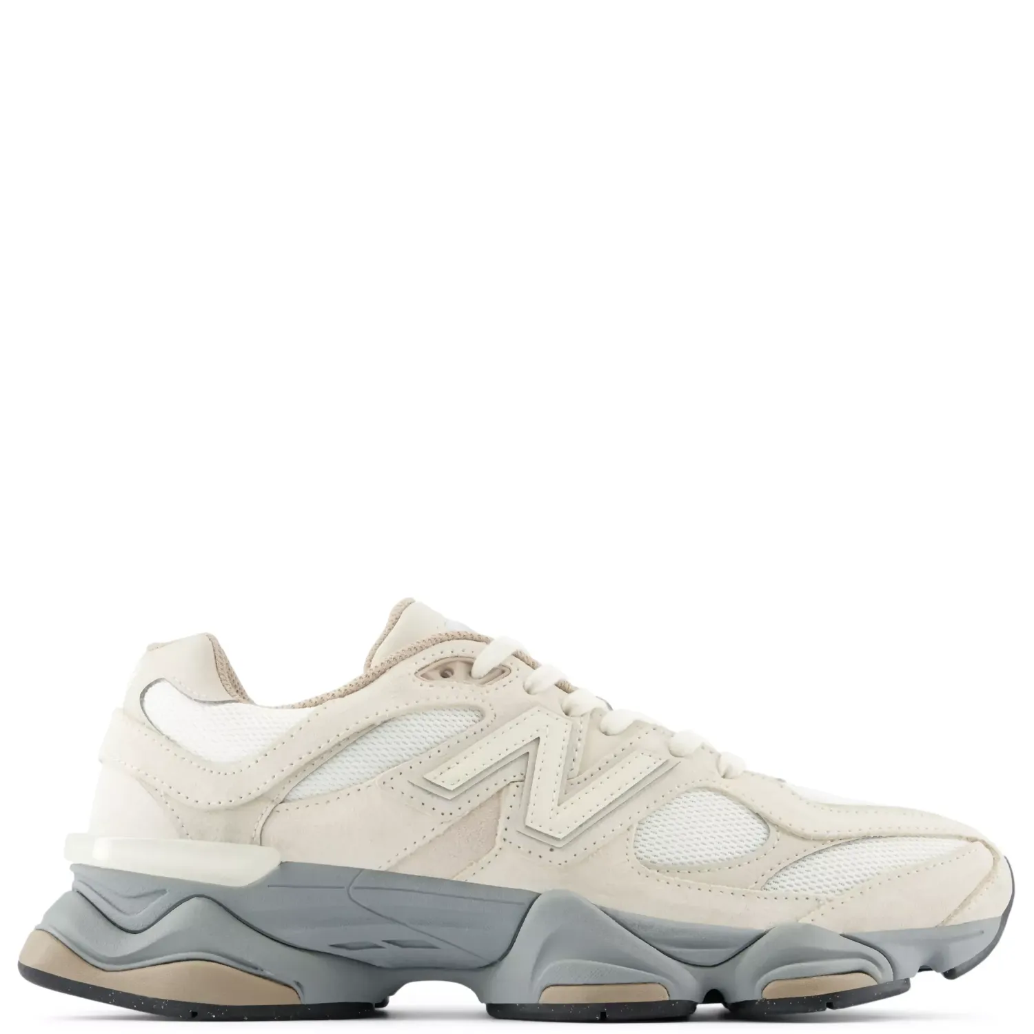 Side view of New Balance 9060 in Turtledove/Slate Grey with light suede overlays and a sculpted grey pod midsole.