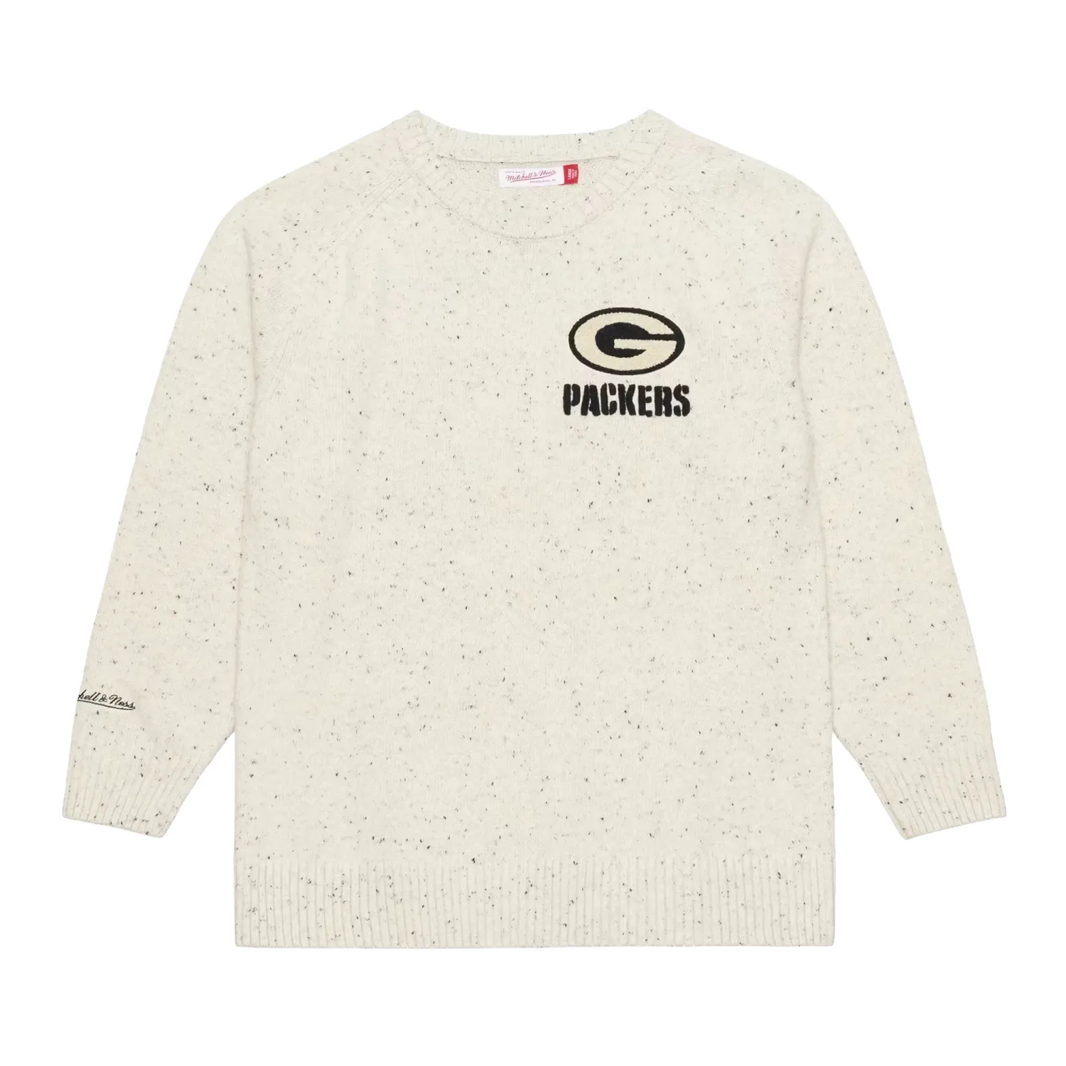 Front view of cream Mitchell &amp; Ness Packers Cookies and Cream sweater with speckled knit and embroidered chest logo.