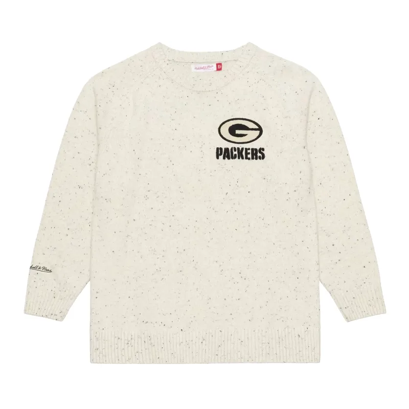 Front view of cream Mitchell &amp; Ness Packers Cookies and Cream sweater with speckled knit and embroidered chest logo.