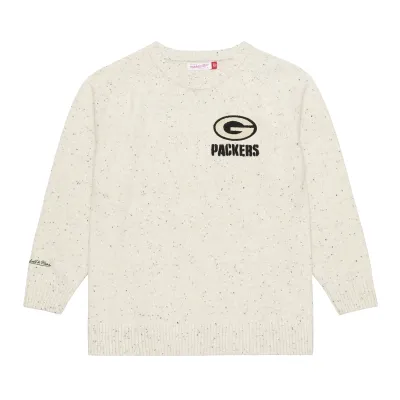 Front view of cream Mitchell &amp; Ness Packers Cookies and Cream sweater with speckled knit and embroidered chest logo.