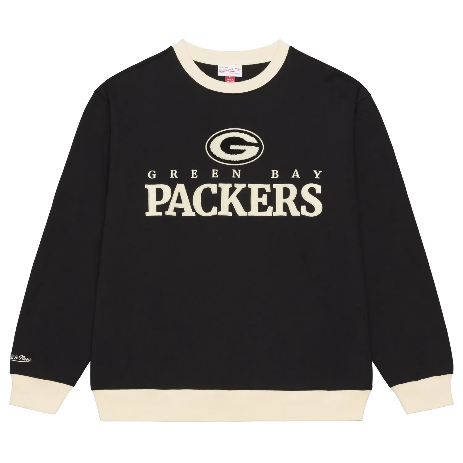 Front view of black Mitchell &amp; Ness Packers Cookies and Cream sweatshirt with cream trim and textured team graphics.