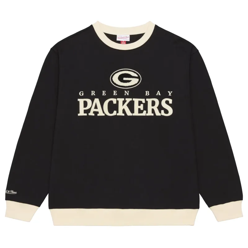 Front view of black Mitchell &amp; Ness Packers Cookies and Cream sweatshirt with cream trim and textured team graphics.