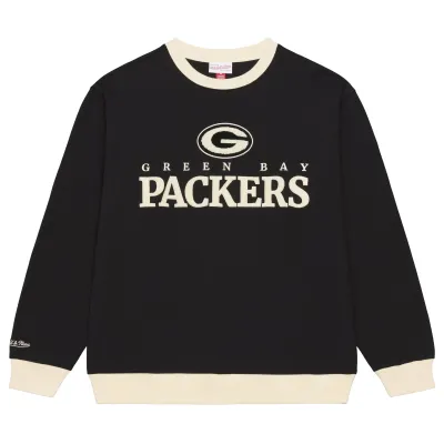 Front view of black Mitchell &amp; Ness Packers Cookies and Cream sweatshirt with cream trim and textured team graphics.