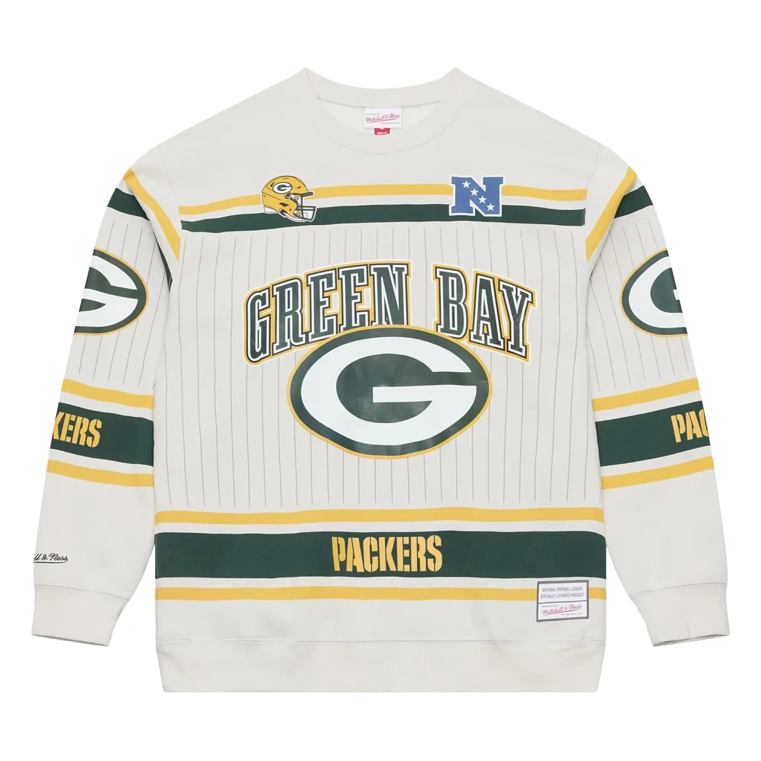 Front view of grey Mitchell &amp; Ness Packers Too Maxxed sweatshirt with oversized team graphics and green-and-gold stripes.