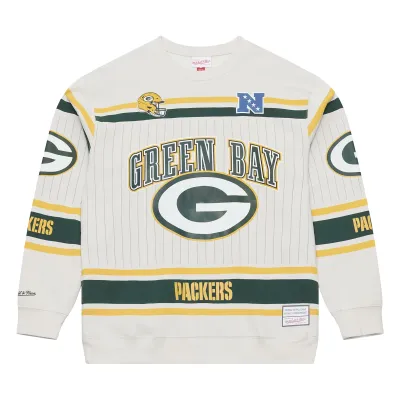 Front view of grey Mitchell &amp; Ness Packers Too Maxxed sweatshirt with oversized team graphics and green-and-gold stripes.