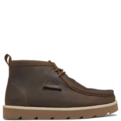 Side view of Clarks Meare Walla Boot in Beeswax leather with a hand-stitched apron seam, branded fob and crepe welt.