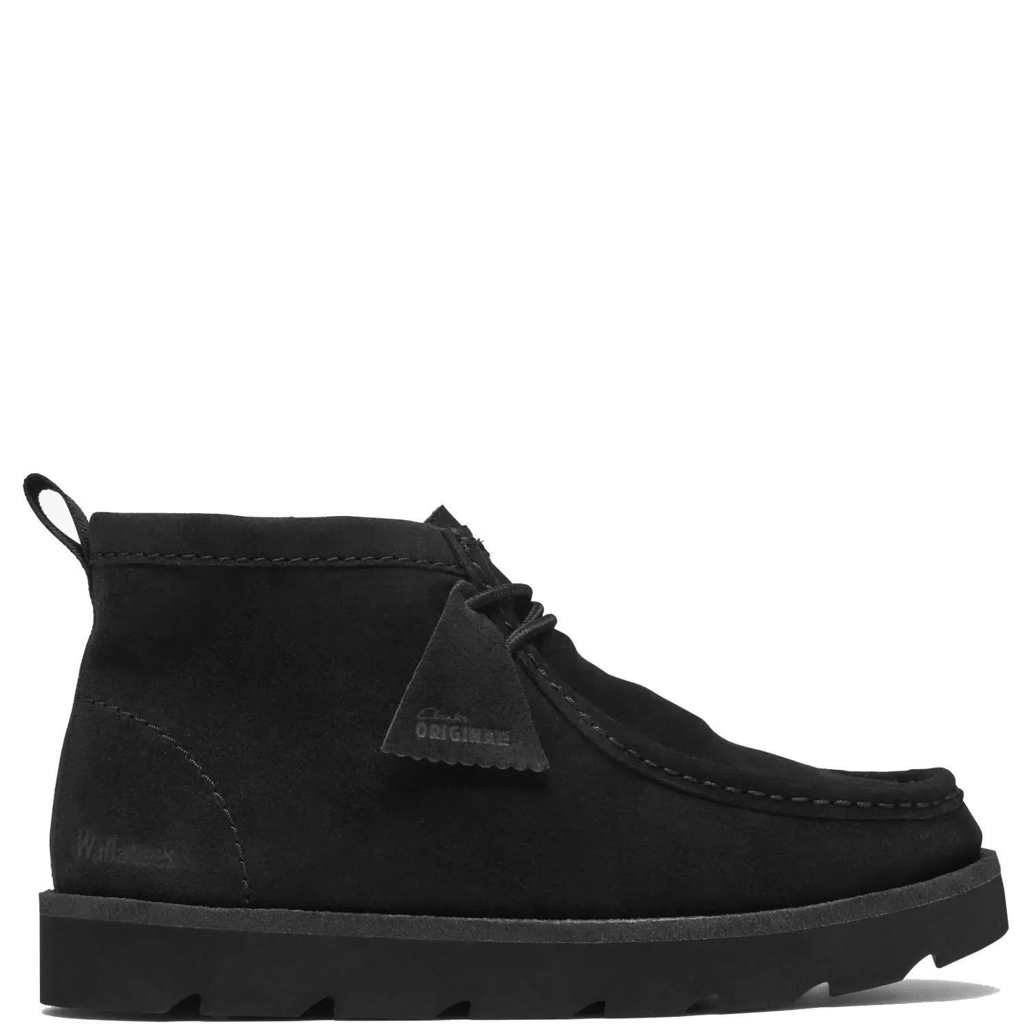 Side view of Clarks Meare Walla Boot in Black/Black Suede with apron stitching, a branded fob and tonal sole.