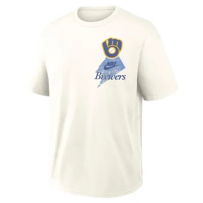 Front view of Sail Nike Brewers Arch Max90 tee with navy and gold ball-in-glove logo and left chest graphic.