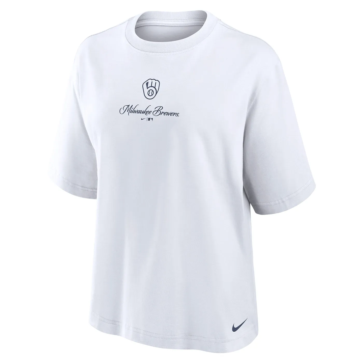 Front view of white Nike Brewers women's Cut Rush tee with embroidered team details and a Swoosh near the hem.