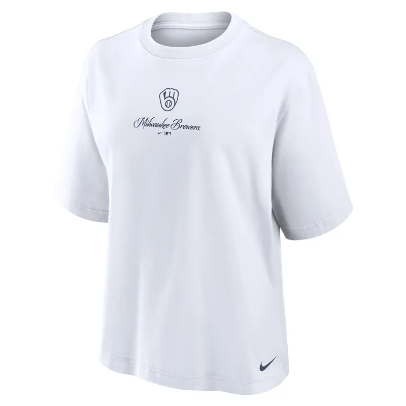 Front view of white Nike Brewers women's Cut Rush tee with embroidered team details and a Swoosh near the hem.