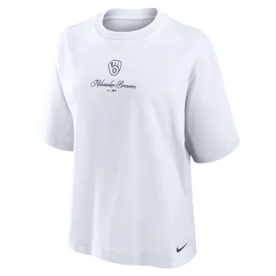Front view of white Nike Brewers women's Cut Rush tee with embroidered team details and a Swoosh near the hem.