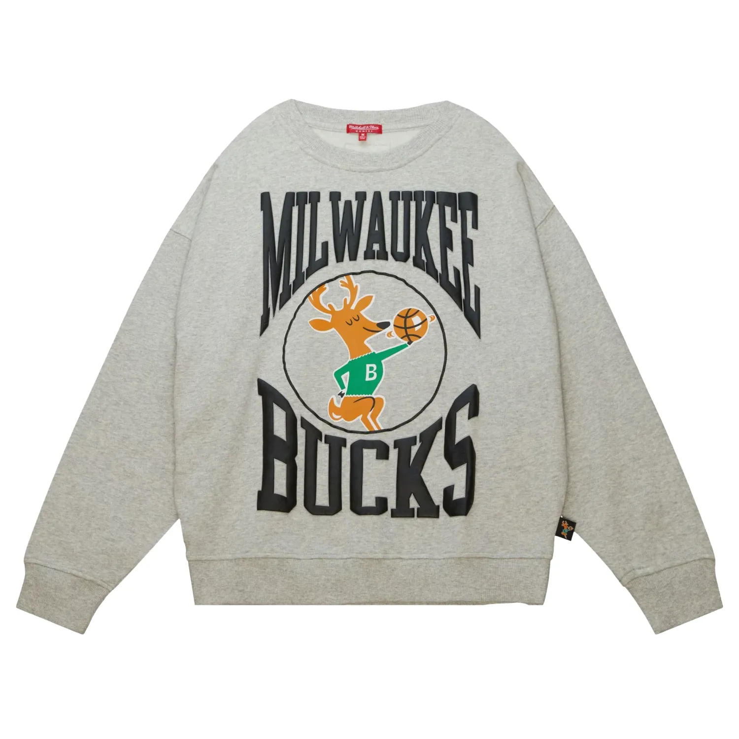 Front view of heather grey Mitchell &amp; Ness women's Bucks Retro sweatshirt with bold lettering and vintage Bango graphic.