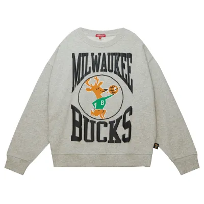 Front view of heather grey Mitchell &amp; Ness women's Bucks Retro sweatshirt with bold lettering and vintage Bango graphic.