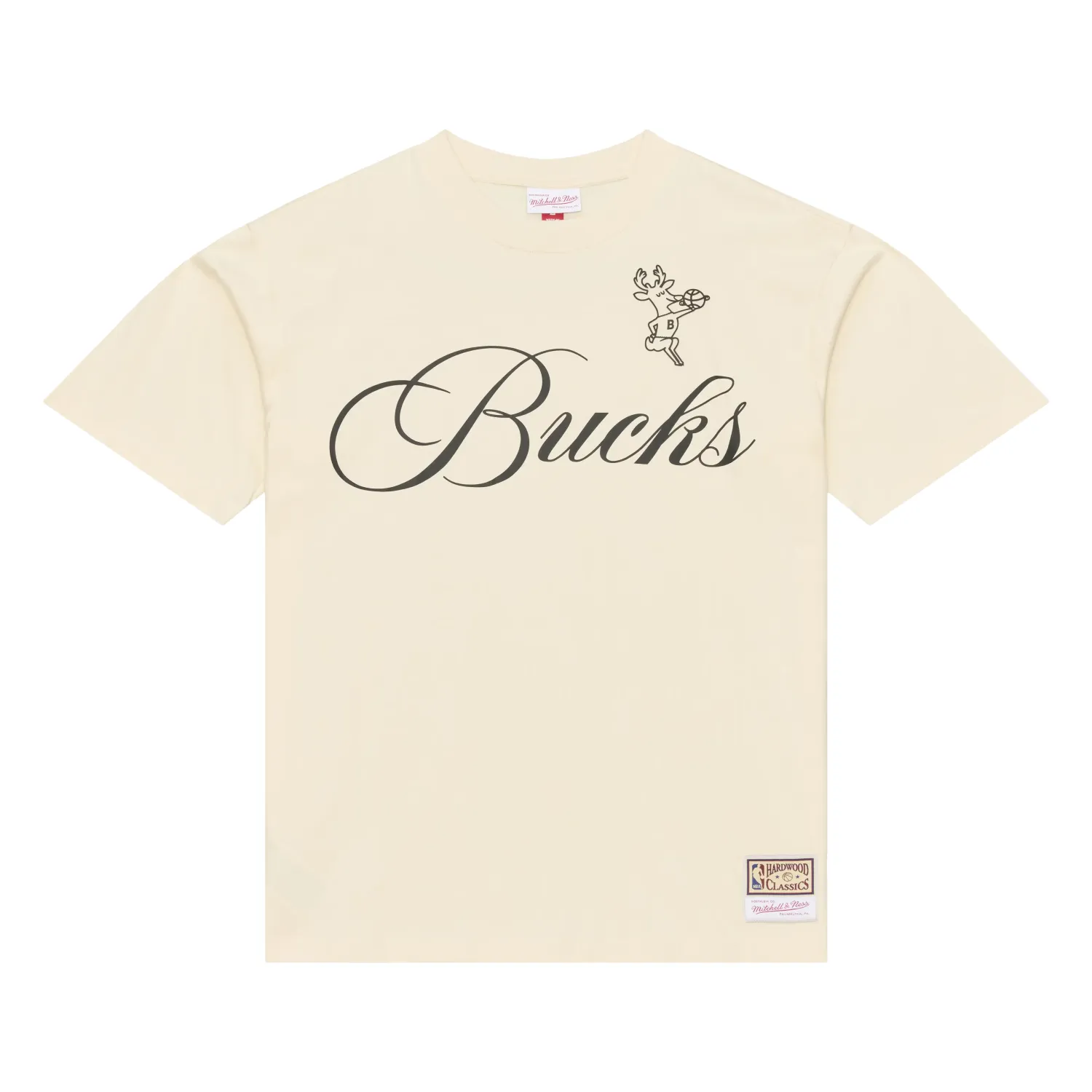 Front view of cream Mitchell &amp; Ness Bucks Cookies and Cream tee with black Bucks script and vintage Bango graphic.