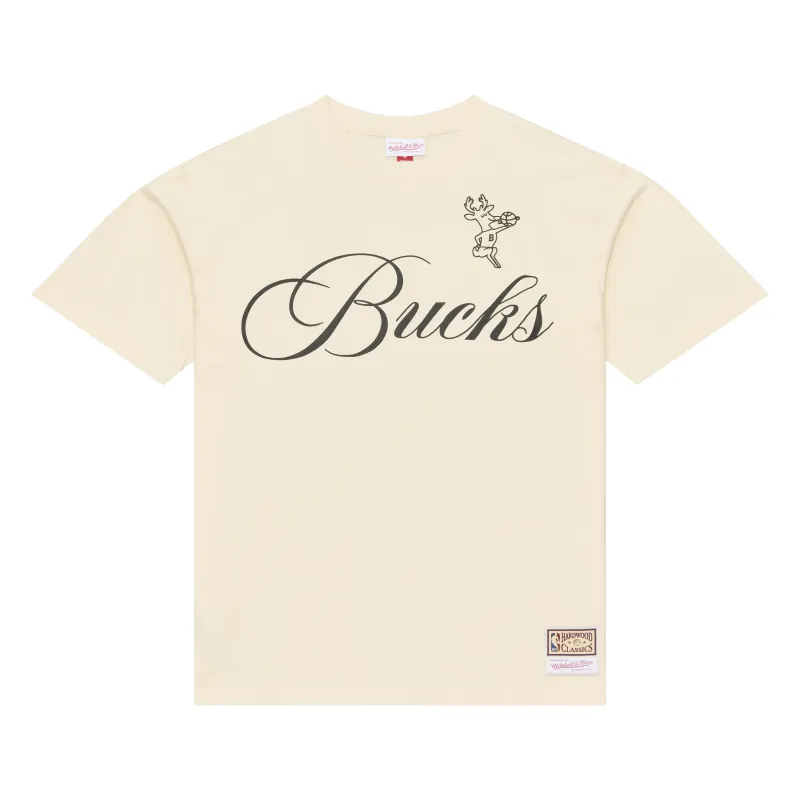 Front view of cream Mitchell &amp; Ness Bucks Cookies and Cream tee with black Bucks script and vintage Bango graphic.