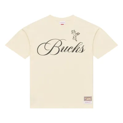 Front view of cream Mitchell &amp; Ness Bucks Cookies and Cream tee with black Bucks script and vintage Bango graphic.
