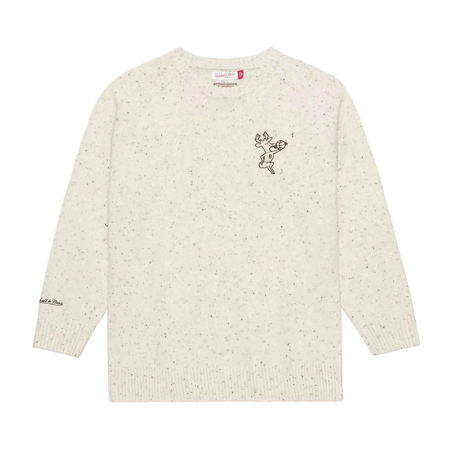 Front view of cream Mitchell &amp; Ness Bucks Cookies and Cream sweater with speckled knit and embroidered Bango logo.