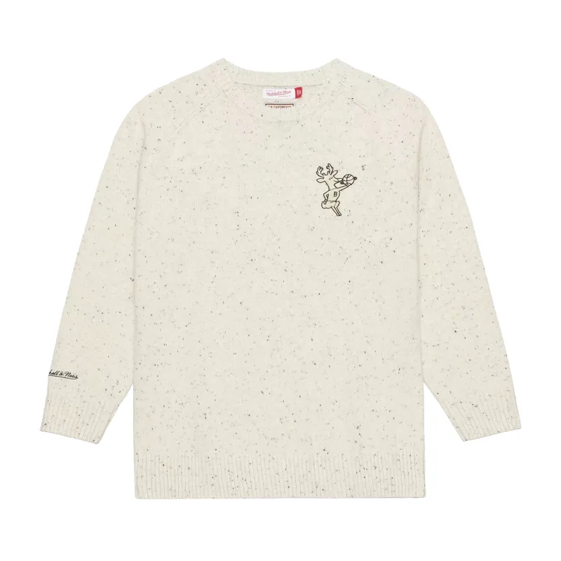 Front view of cream Mitchell &amp; Ness Bucks Cookies and Cream sweater with speckled knit and embroidered Bango logo.