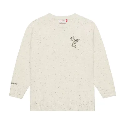 Front view of cream Mitchell &amp; Ness Bucks Cookies and Cream sweater with speckled knit and embroidered Bango logo.
