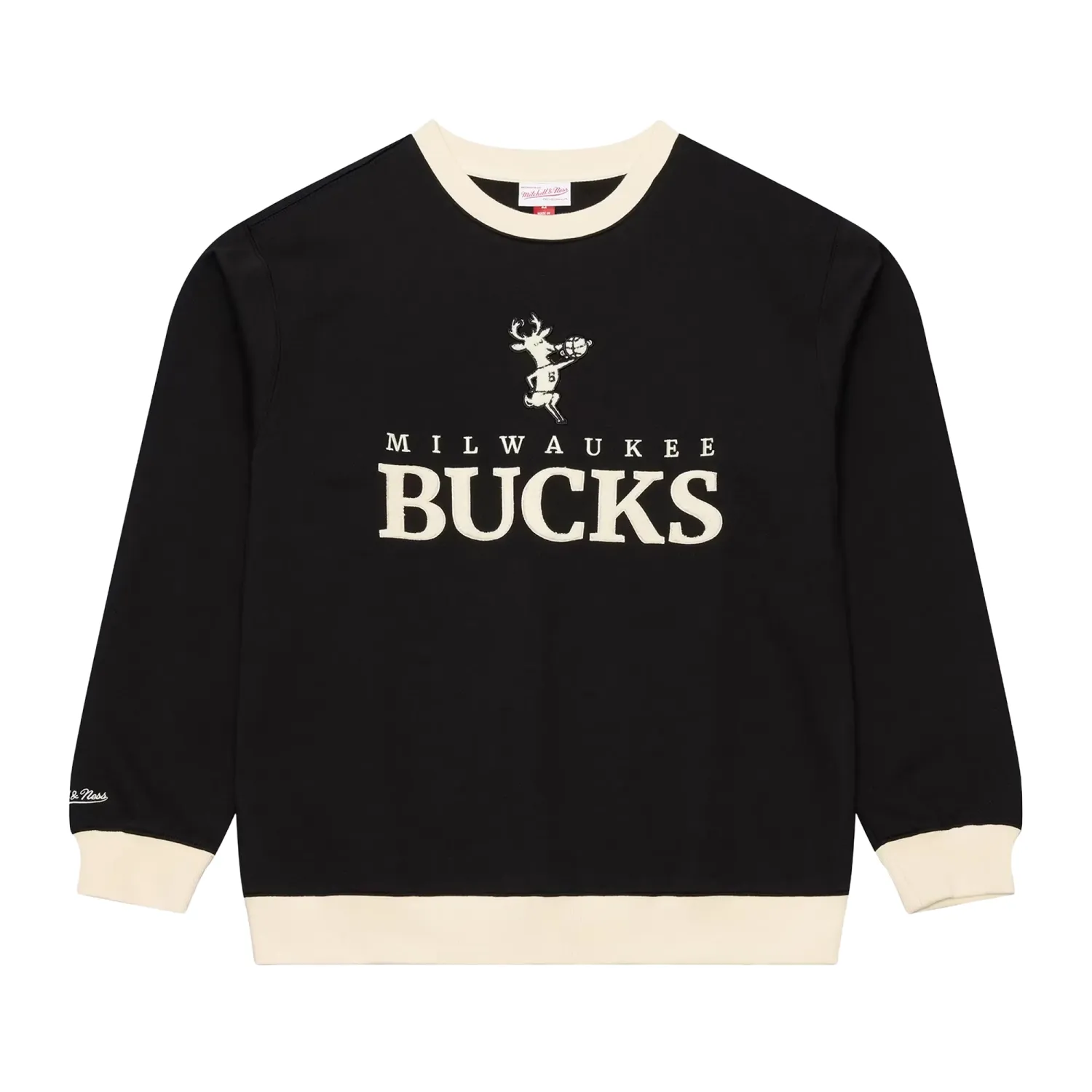 Front view of black Mitchell &amp; Ness Bucks Cookies and Cream sweatshirt with cream trim and vintage Bango graphics.