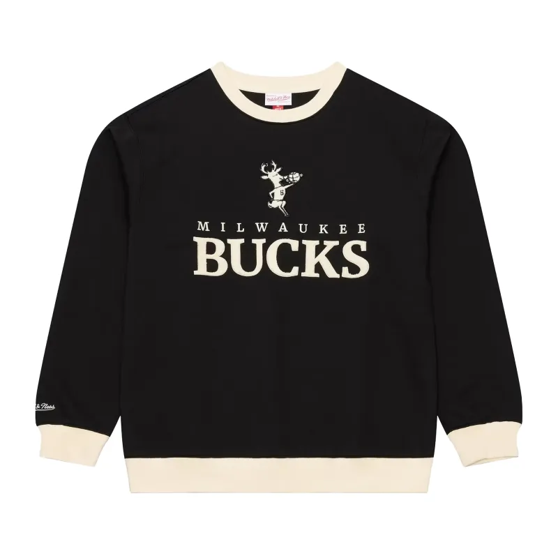 Front view of black Mitchell &amp; Ness Bucks Cookies and Cream sweatshirt with cream trim and vintage Bango graphics.