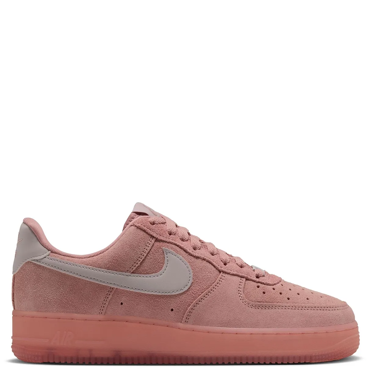 Opposite side view of pink Nike women's Air Force 1 '07 Suede with layered panels and a contrasting Swoosh.