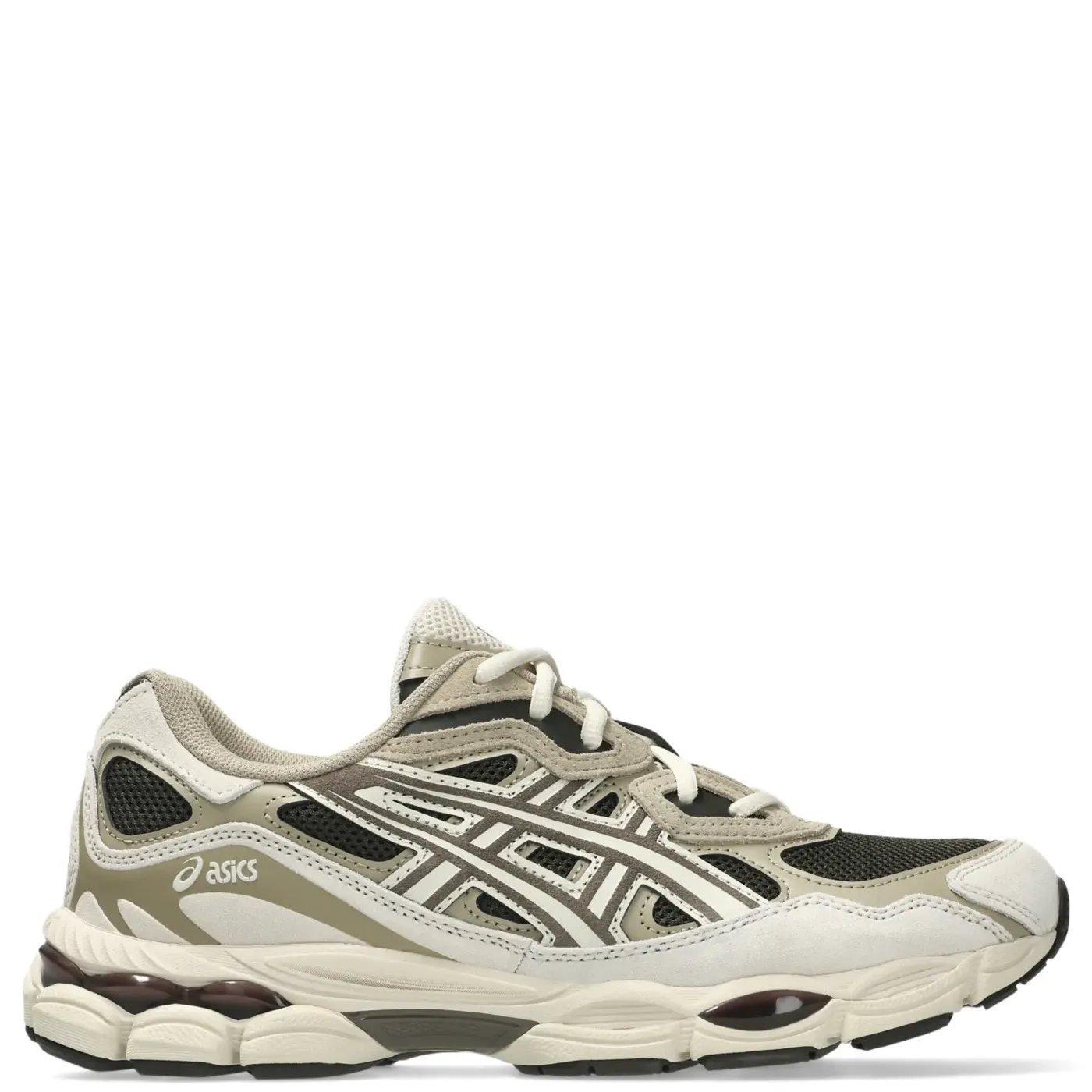 Outer side view of ASICS GEL-NYC showing ASICS branding, layered overlays and rearfoot GEL cushioning.