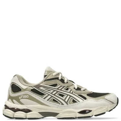 Outer side view of ASICS GEL-NYC showing ASICS branding, layered overlays and rearfoot GEL cushioning.
