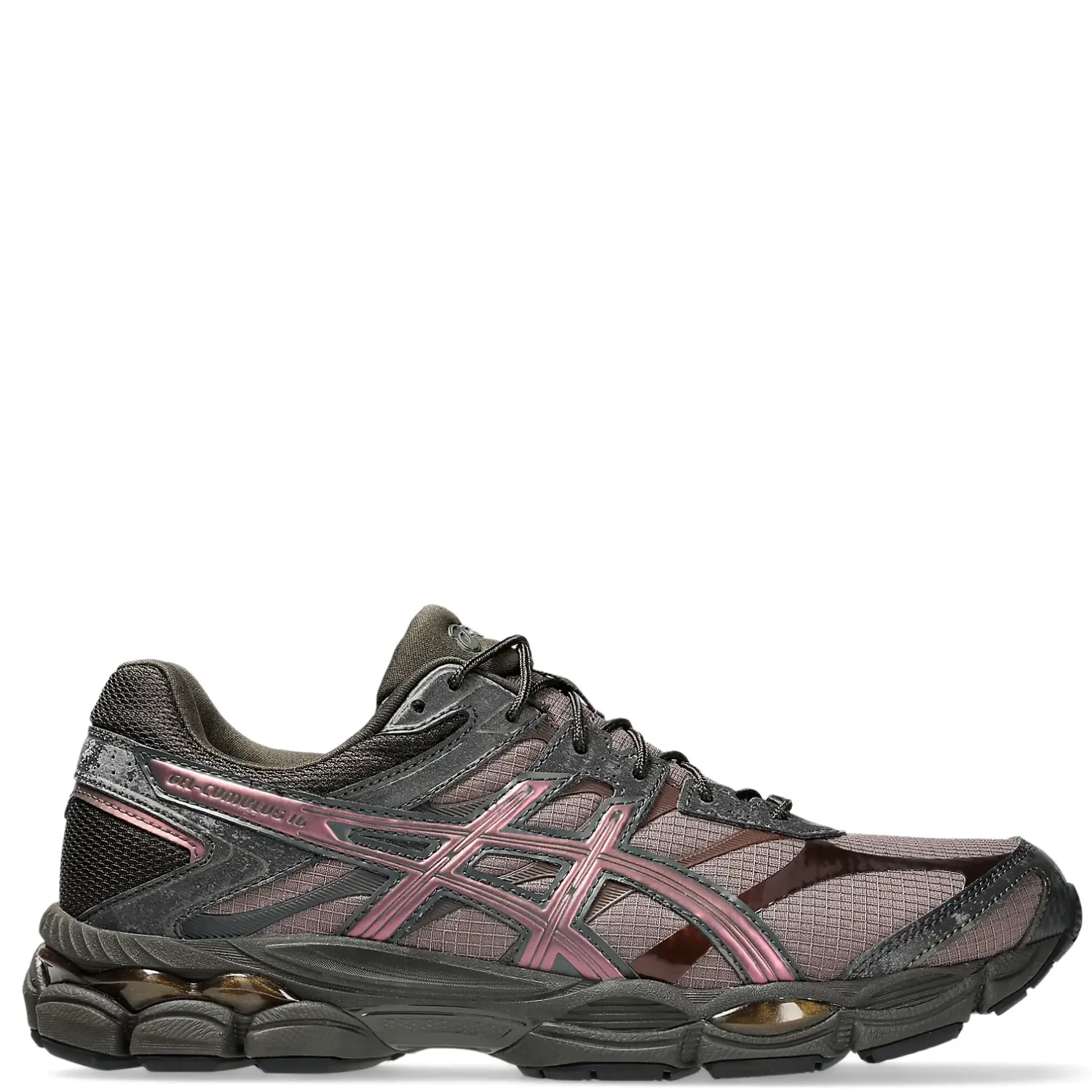 Outer side view of ASICS GEL-CUMULUS 16 showing Cocoa Powder accents, ASICS stripes and sculpted cushioning.