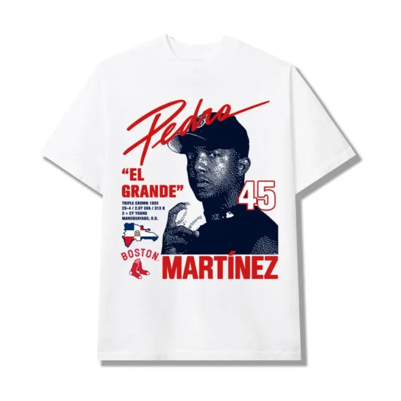 White Bueno Pedro tee with a red-and-navy Martínez portrait, El Grande lettering, number 45 and Dominican Republic graphic