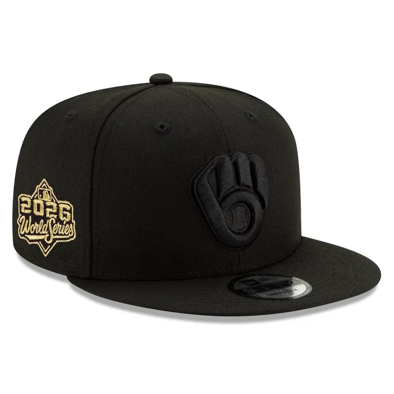 Front right angled view of black Brewers 9FIFTY snapback with a tonal glove logo and gold 2026 World Series patch.