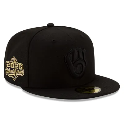 Front right angled view of black Brewers 59FIFTY hat with a tonal glove logo and gold 2026 World Series side patch.
