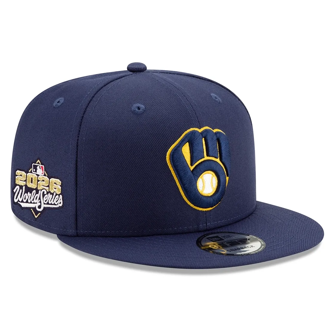 Front right angled view of navy Brewers 9FIFTY snapback with raised glove embroidery and a 2026 World Series patch.