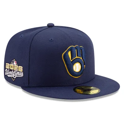 Front right angled view of navy Brewers World Series 59FIFTY hat with raised glove embroidery and side patch.
