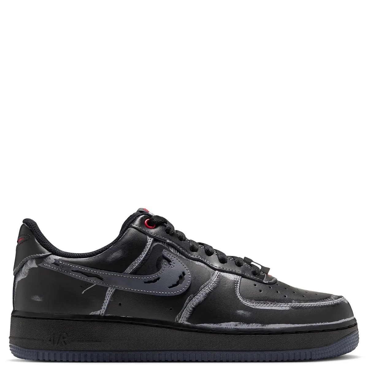 Opposite side view of Nike Air Force 1 '07 Ghostface with dark overlays, cutout Swoosh details and a black midsole.