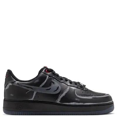 Opposite side view of Nike Air Force 1 '07 Ghostface with dark overlays, cutout Swoosh details and a black midsole.
