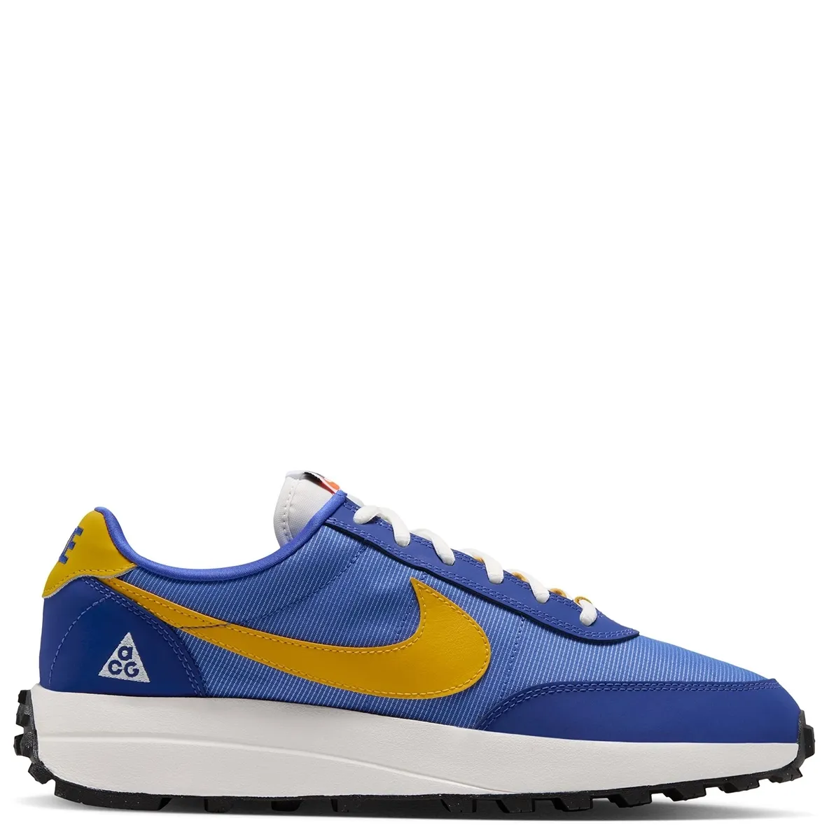 Opposite side view of Nike ACG LDV with royal blue mesh, yellow Swoosh and ACG heel branding.