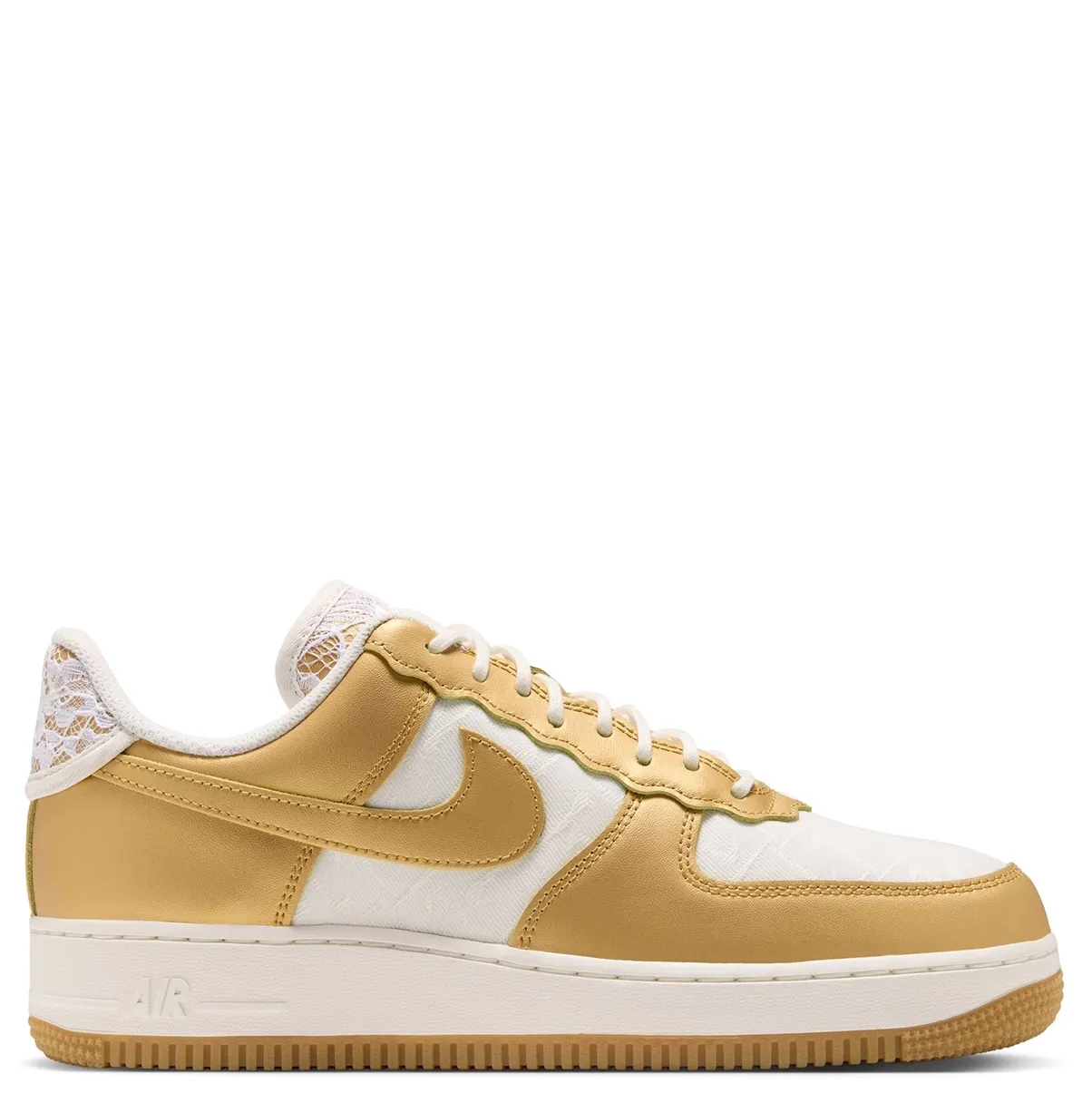 Opposite side view of Nike women's Air Force 1 '07 showing gold overlays, Sail panels and scalloped eyestays.